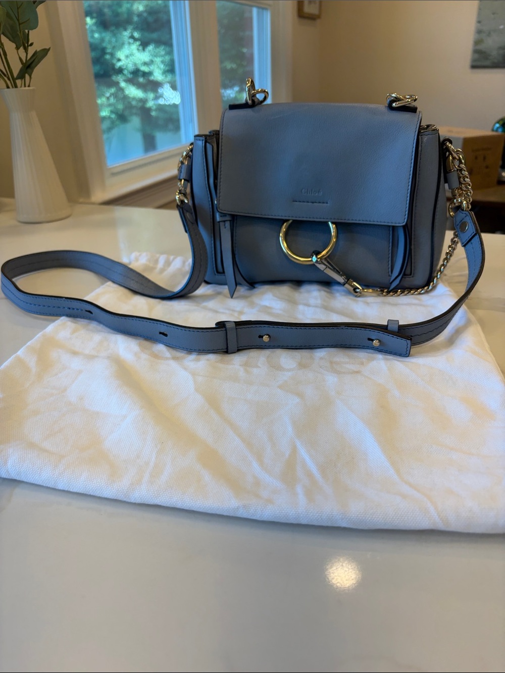 Chloé Faye Small Leather Crossbody in Dusty Blue